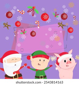 Bright greeting poster with Christmas characters. Illustration of Santa Claus, elf and piglet on background with snowflakes, candy canes. Can be used for postcards, greeting cards, leaflets