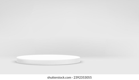 Bright grey interior with white podium.Horizontal banner with copy space