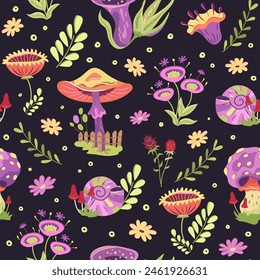 Bright groovy cottagecore seamless pattern with mushrooms, herbs and flowers on dark background. Retro dark surreal wallpaper with fun fungi and toadstools, agaric. Vintage design 60s, 70s style.