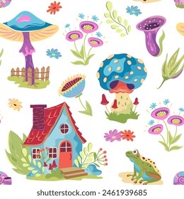 Bright groovy cottagecore seamless pattern with house, frog and mushrooms on transparent background. Retro surreal wallpaper with fun fungi and toadstools, agaric. Vintage design 60s, 70s style.