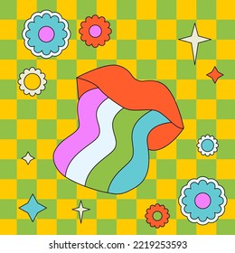 Bright groovy illustration with lips and daisies. Vector trendy outlined sticker.