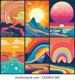 Bright groovy posters 70s. Retro poster with psychedelic landscapes with rainbow and sun, vintage prints, isolated