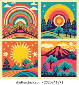 Bright groovy posters 70s. Retro poster with psychedelic landscapes with rainbow and sun, vintage prints, isolated
