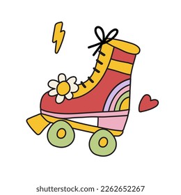 Bright Groovy quad roller skate with rainbow. Cartoon 70s-80s comic style.