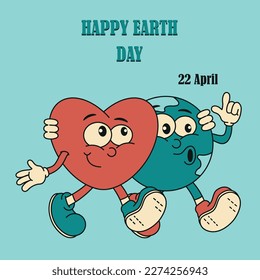 Bright, groovy retro style poster of the 70s 90s.Retro poster of the Earth planets and hearts with the inscription Earth Day April 22. Vintage print. Vector illustration.