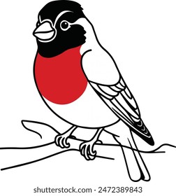 A bright grosbeak perched on a branch. It has a crest on its head and a black mask around its eyes.