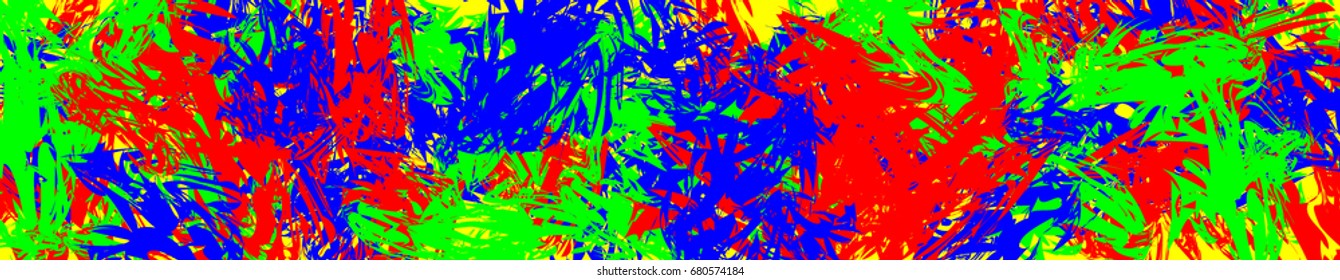 Bright Grunge Banner. Colorful Background with Red, Green and Blue Brushstrokes. Crazy Abstract Design. Psychedelic Vector Illustration. Horizontal Rectangle