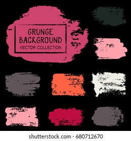 Bright grunge brush stroke background vector collection, set of paint dabs, graphic design elements on black. Banner, tag or label backgrounds band.
