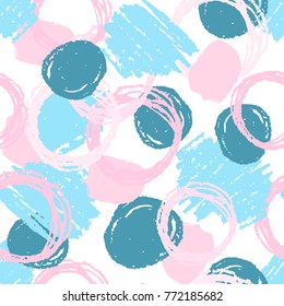 Bright grunge geometric seamless pattern with hand drawn brush strokes, circles, rings and paint splashes, lines, calligraphic geometrical shapes. Messy texture,  grungy background. Vector