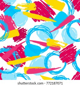Bright grunge geometric seamless pattern with hand drawn brush strokes, circles, rings and paint splashes, lines, calligraphic geometrical shapes. Messy texture,  grungy background. Vector.