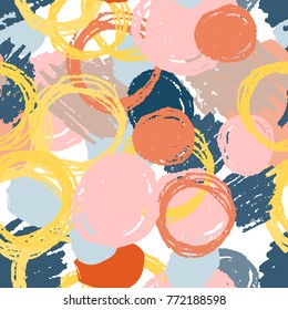 Bright grunge geometric seamless pattern with hand drawn brush strokes, circles, rings and paint splashes, lines, calligraphic geometrical shapes. Messy texture,  grungy background. Vector.