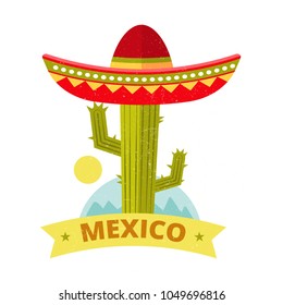 Bright grunge mexican logo or print vector - colorful sombrero and cactus vintage print. Illustration of cactus in sombrero