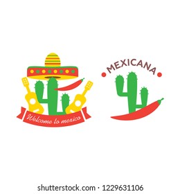 Bright grunge mexican logo or print vector - colorful sombrero and cactus vintage print. Illustration of cactus
