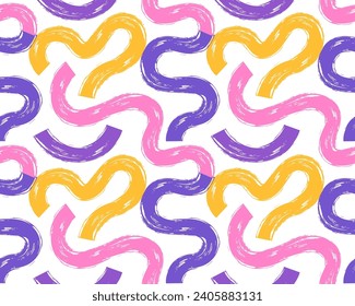 Bright Grunge scribble wallpaper print with squiggles and wavy brushes bold lines. Charcoal drawn curved strokes and marker wavy lines. Organic rough smears seamless banner pattern