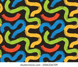 Papel pintado de garabatos grunge brillante con calambres y pinceles ondulados. Trazos curvos dibujados con carbón vegetal y líneas onduladas con marcador. Patrón de banner ininterrumpido de frotis orgánica