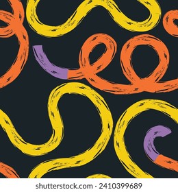 Bright Grunge scribble wallpaper print with squiggles and wavy brushes bold lines. Charcoal drawn curved strokes and marker wavy lines. Organic rough smears seamless banner pattern