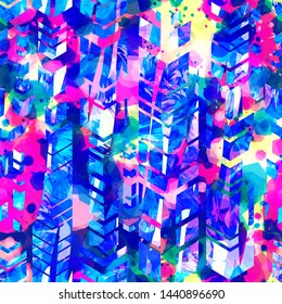Bright grunge seamless texture with blots and chevrons. Abstract vector background for web page, banners backdrop, fabric, home decor, wrapping