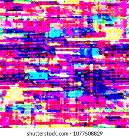 Bright grunge seamless texture from dots and offset rectangles. No gradient. Purple, yellow, blue colors. Abstract vector background for web page, banners backdrop, fabric, home decor, wrapping