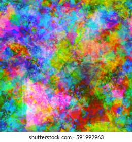 Bright grunge seamless texture from triangles. Colorful abstract background for fabric, wrapping paper. Watercolor effect
