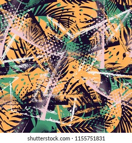 Bright grunge summer palm tree leaves pattern
