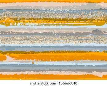 Bright grunge texture brush stroke stripes with gold glitter sparkles vector seamless pattern background. Sparkles golden glitter glossy confetti over ink lines pattern. Textile print.
