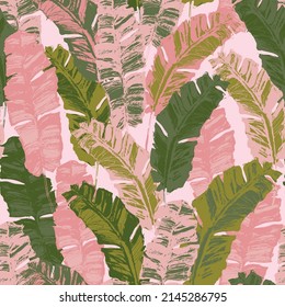 Bright grunge tropical banana leaf background. Hand drawn exotic seamless pattern. Colorful leaves wallpaper. Vector botanical illustration for summer design, swimwear fabric, textile