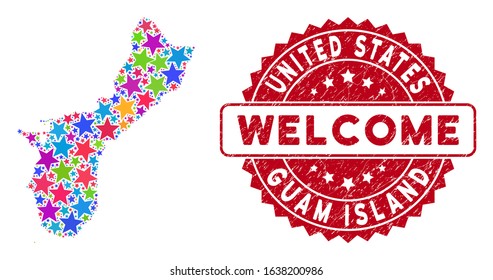 Bright Guam Island map composition of stars, and scratched round red WELCOME stamp seal. Abstract geographic scheme in bright color tinges. Vector Guam Island map is shaped of bright stars.