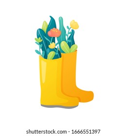 Bright gum rubber boots with flower bouquets. Vector design element for greeting and advertising products.