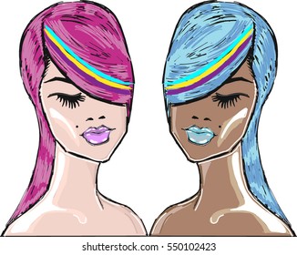 Bright hair models beauty girls vector illustration