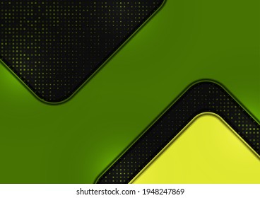 Bright halftone dots and colored geometric shapes on a dark background. Luxury poster background template. 3D advertising modern graphic design. Vector illustration