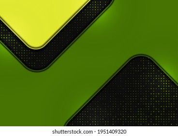 Puntos de medio tono luminosos y formas geométricas de color sobre un fondo oscuro. Plantilla de fondo de póster de lujo. Diseño gráfico moderno de publicidad 3D. Ilustración del vector