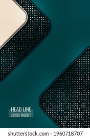 Puntos de medio tono luminosos y formas geométricas de color sobre un fondo oscuro. Plantilla de fondo de póster de lujo. Diseño gráfico moderno de publicidad 3D. Ilustración del vector
