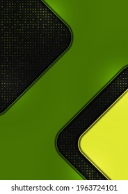 Bright halftone dots and colored geometric shapes on a dark background. Luxury poster background template. 3D advertising modern graphic design. Vector illustration