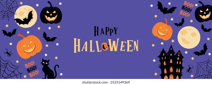 Bright Halloween banner with symbols of tradition. Scary smiling pumpkin, bats and dark castle, moon. Festive holiday card for Halloween. Vector.