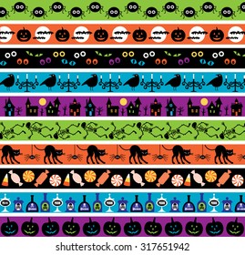 bright halloween border patterns with spiders, candy, skeletons, haunted houses, pumpkins 