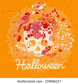 Brillante tarjeta de Halloween en vector. Elegante composición vacacional con scull, pájaro y flores de estilo vintage