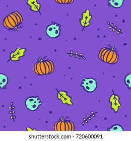 Bright Halloween cartoon background. Vector hand drawn style seamless pattern