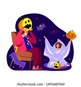 Bright halloween greeting card Creative illustration with funny grandfather in evil pumpkin and granddaughter in ghost costume. Halloween elements Template for Halloween party Vector flat illustration