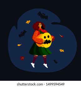 Bright halloween greeting card. Creative illustration with cute small witch child with evil pumpkin and cartoon bats. Halloween elements. Template for Halloween party, Vector flat illustration