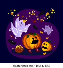 Bright halloween greeting card. Creative illustration with funny ghosts, evil pumpkins and bat celebrating All Saints' Day. Allhallows elements. Template for Halloween party. Vector flat illustration.