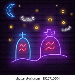 Bright Halloween night sign in neon style on dark brick wall background. Vector illustration EPS 10.