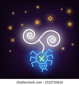 Bright Halloween night sign in neon style on dark brick wall background. Vector illustration EPS 10.