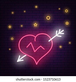 Bright Halloween night sign in neon style on dark brick wall background. Vector illustration EPS 10.
