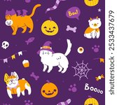 Bright halloween pattern with cute pets in costume. Seamless vector halloween print for kids.