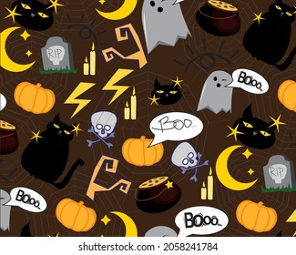 Brillante patrón de Halloween con gatitos y fantasmas