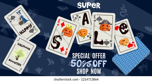 bright Halloween poster with playing cards on a dark background. stock vector image