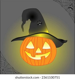 a bright halloween pumpkin in a black hat