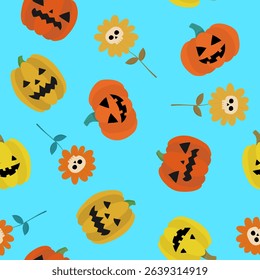 bright halloween seamless pattern blue background jack o lantern pumpkins skull flowers fun festive holiday digital