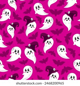 Bright halloween seamless pattern with cute ghost characters and bats on purple background for print and textile