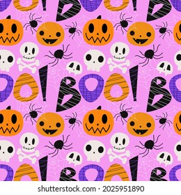 Bright halloween seamless pattern. Funny abstract skull, pumpkin, spider and the lettering "Boo" on the pink-purple background.